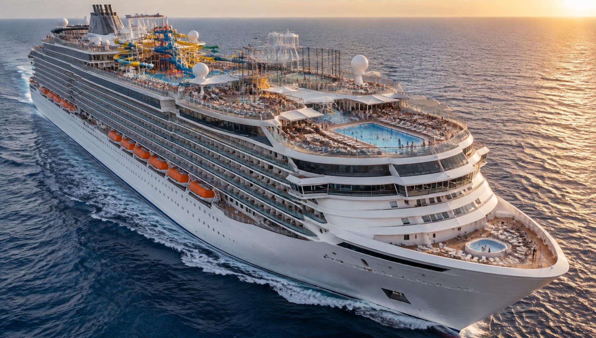 A large family cruise ship sailing in golden light with pools, upper decks and water slides visible