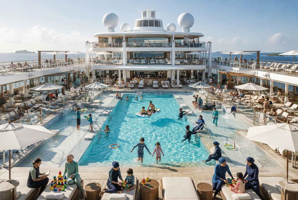 Families enjoying a premium pool deck at sea
