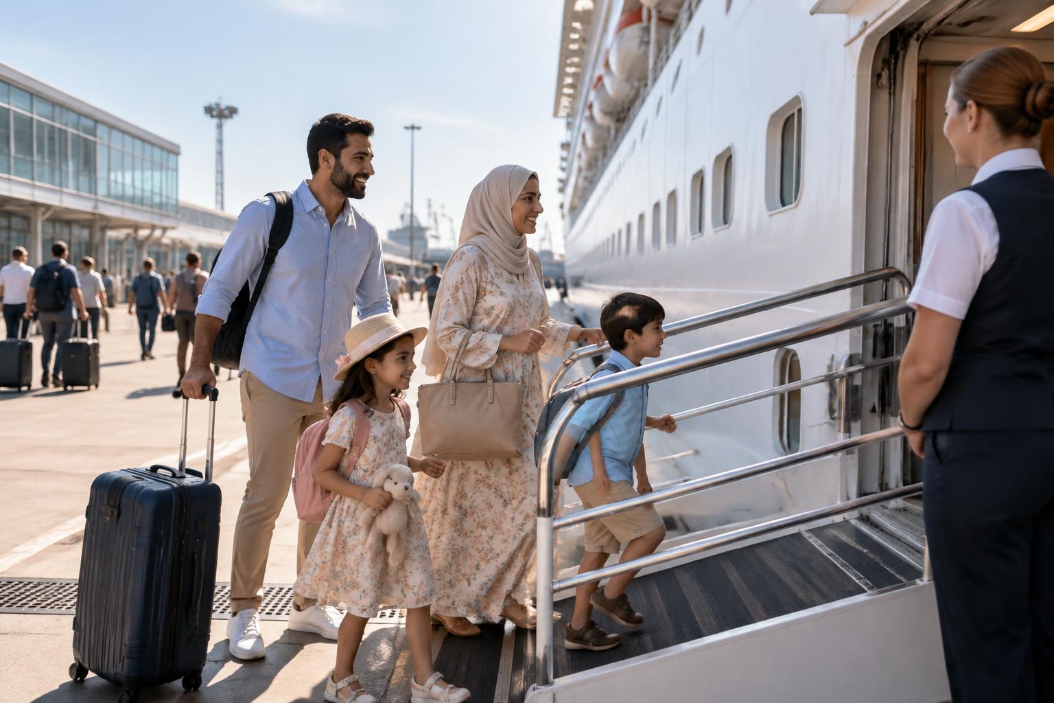 A family arriving at Southampton cruise terminal with luggage